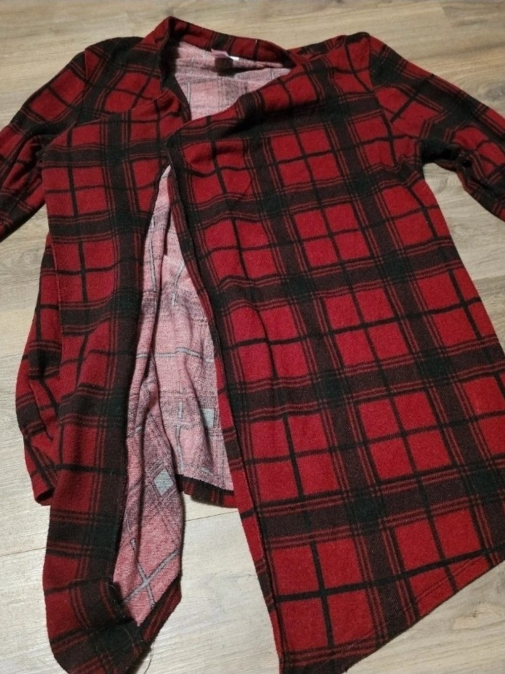 No Boundaries Red and Black Plaid Asymmetrical Cardigan